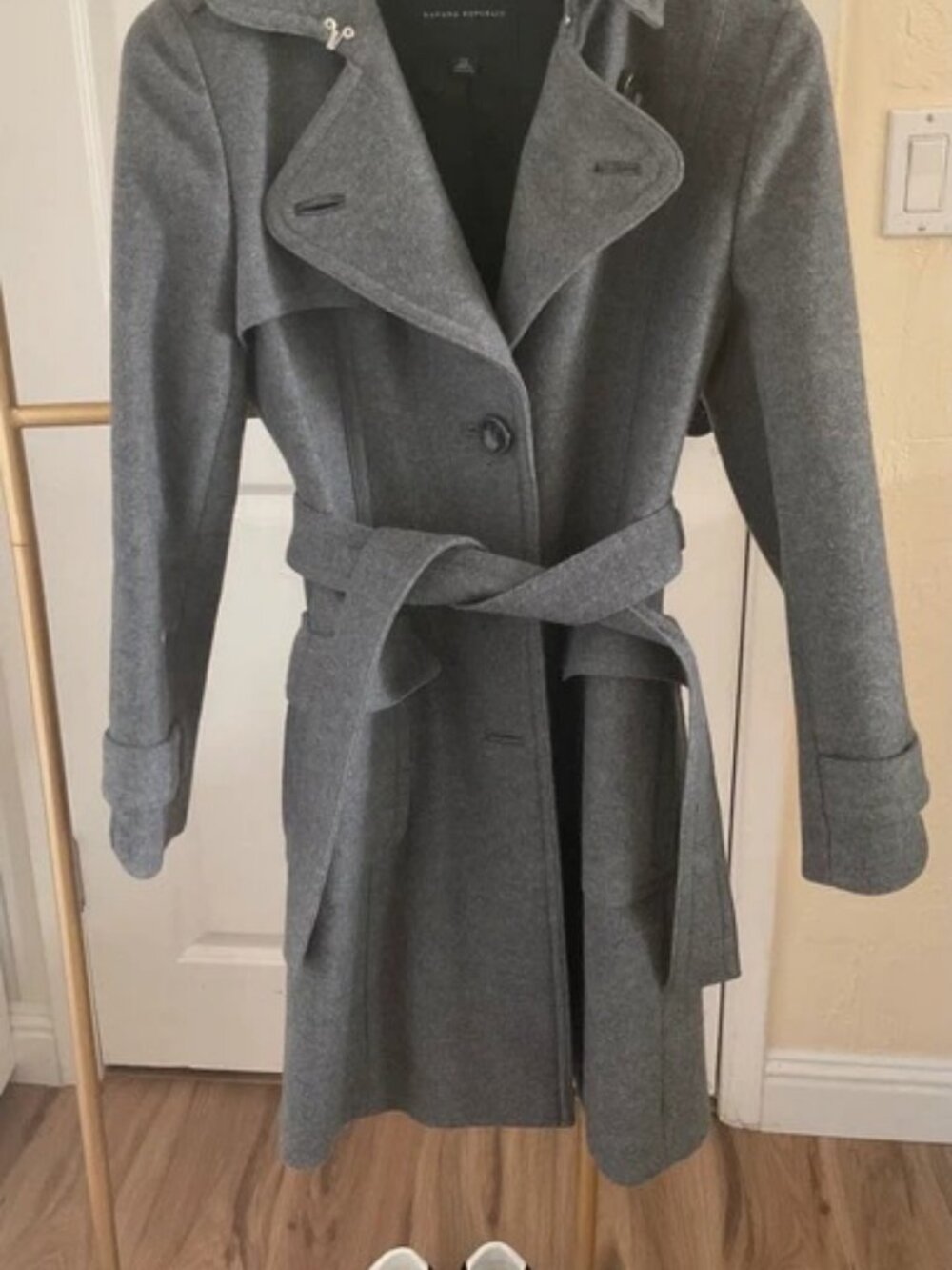 Banana Republic Belted Wool-Blend Trench Coat Gray Melange Size XS